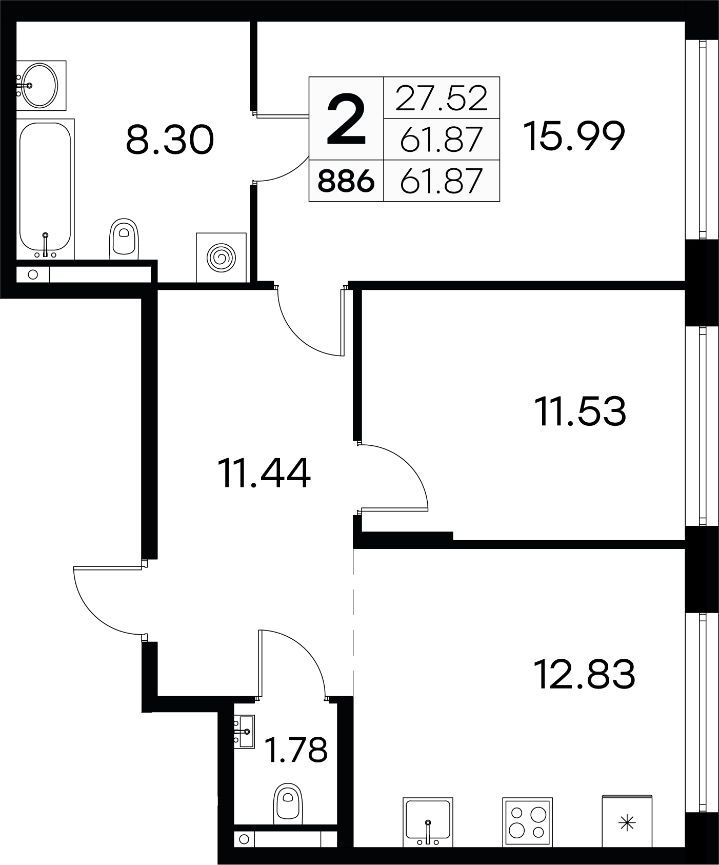 2-комнатная квартира 61.87 м², 2/19 эт., ЖК «GloraX Aura Vasileostrovsky»
